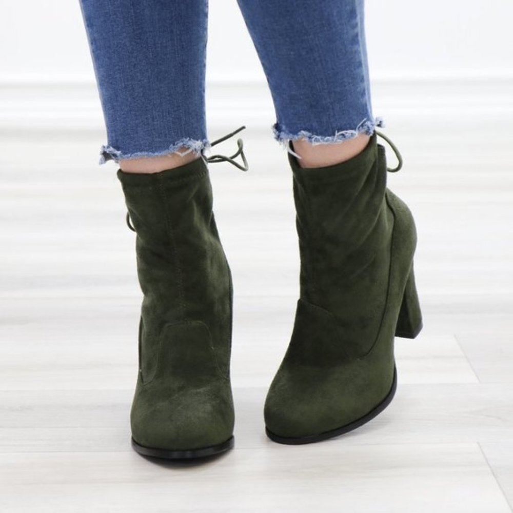 Round Toe Olive Suede Ankle Heeled Boots, Booties - Picture 2 of 11